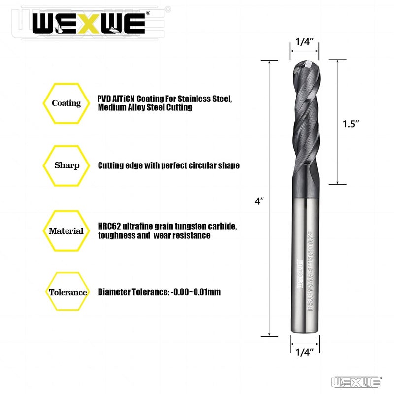 WEXWE Tools Extra Long Carbide Ball Nose End Mill for Cutting Alloy Steels, with HRC62 Tungsten Carbide+AlTiN Coating,4" Overall Length CNC Router Bits,1/4 Shank End Mill Bits (1/4-4" 2PCS) - Image 2
